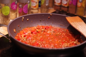 Conchiglie sauce tomate boeuf chorizo poivron